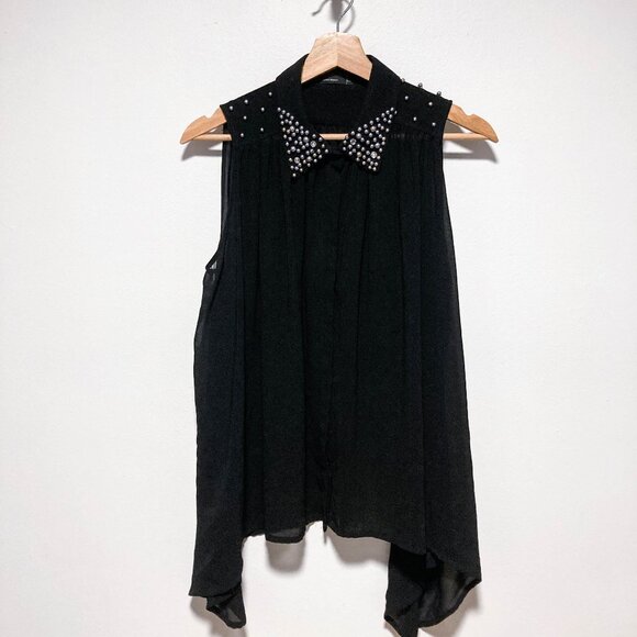 Jewel Collar Button-up Sleeveless Sheer Shirt - Picture 1 of 14